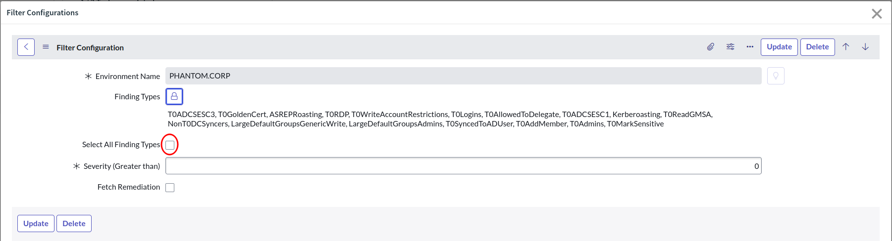 A view of the ServiceNow user interface showing the process of selecting all attack types.