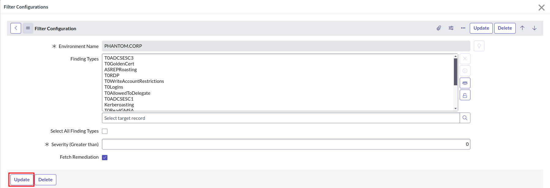 A view of the ServiceNow user interface showing the process of updating the filter configuration.