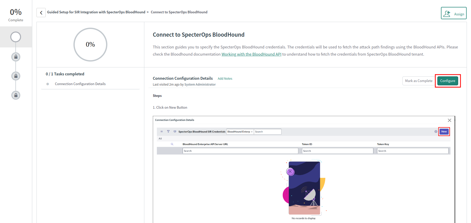 A view of the ServiceNow user interface showing the guided setup for connecting to a BloodHound Enterprise tenant.